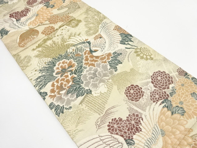 アンティーク　破れ色紙に柴垣・鶴・牡丹模様織り出し丸帯（材料）